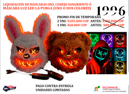 "Máscara LED de Oso,  Conejo o la purga para Fiestas y Halloween